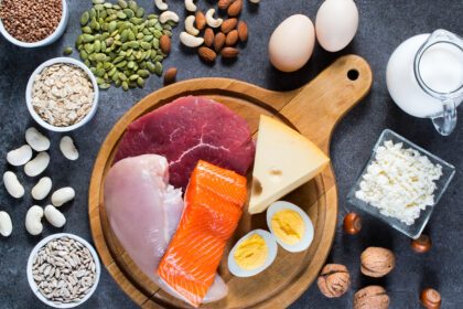 Auswahl eiweißreicher Lebensmittel wie Fleisch, Fisch, Eier, Nüsse und Hülsenfrüchte